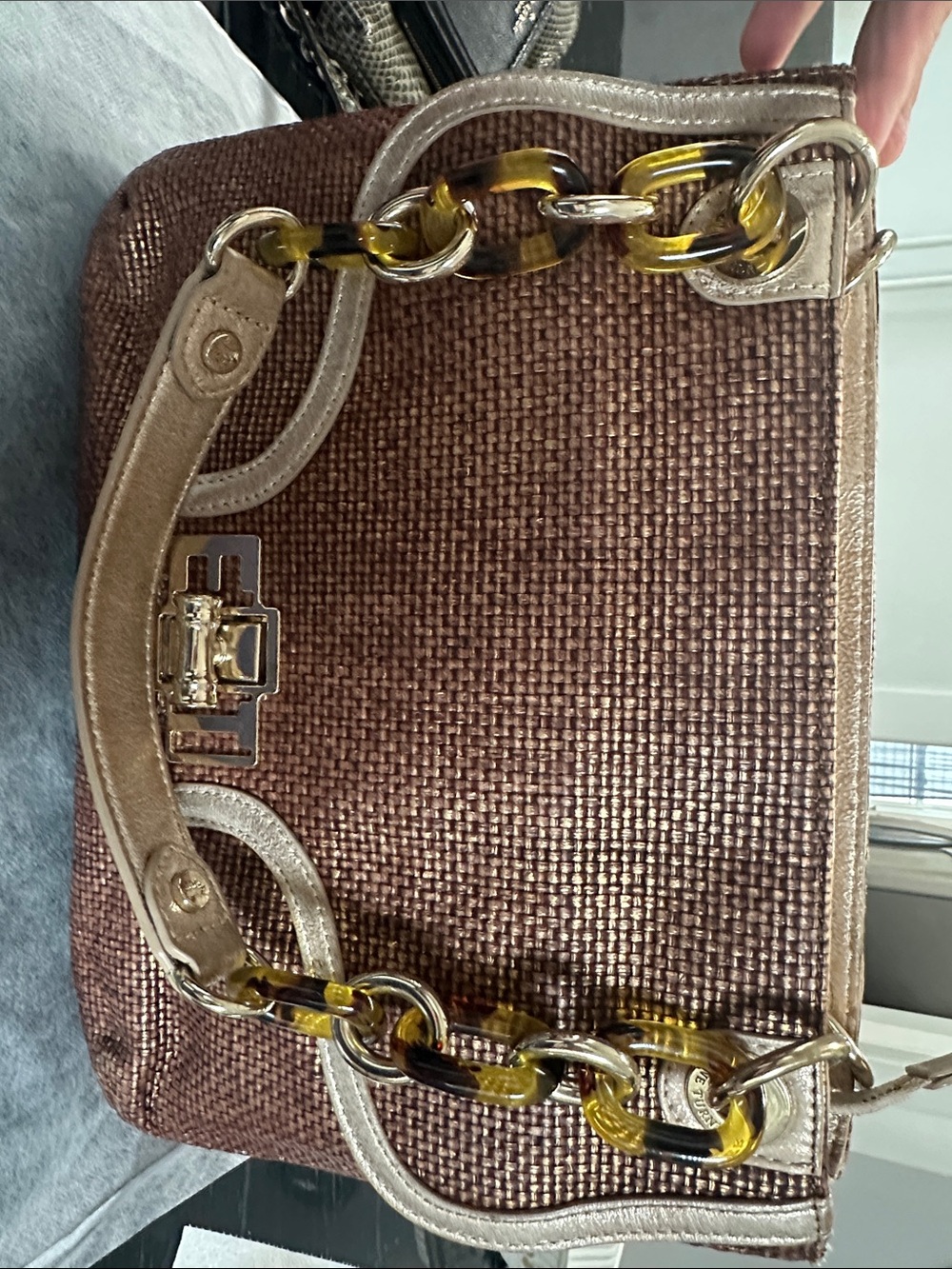 Elaine Turner Bronze Metallic Woven Shoulder Bag with Tortoiseshell Links